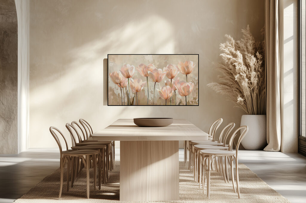 Elegant neutral dining room with wooden table, sculptural chairs, pampas grass decor, and soft floral TV Art by Den of Luxe. This TV Art was inspired by the natural beauty of Cape Town.